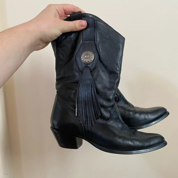 DURANGO SLOUCHY WESTERN BLACK LEATHER ANKLE BOOTS WITH TASSELS 90 VINTAGE SIZE 6 - Picture 1 of 7